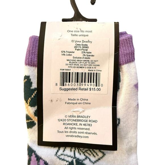 Vera Bradley Floral Purple White Women’s Crew Socks One Size Fits Most NWT - Picture 3 of 3